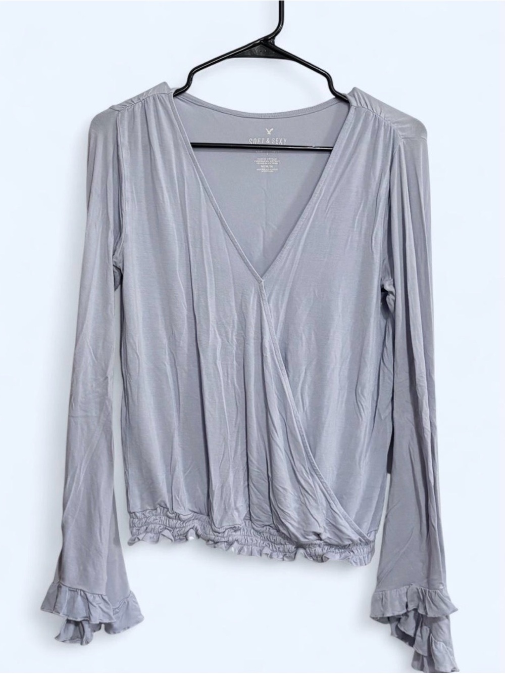 AE Lavender wrap shirt with ruffle bell sleeves
